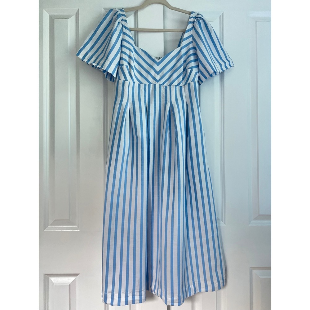 A New Day Blue White‎ Striped Sweetheart Neck Cotton Cottage Midi Dress Size 10